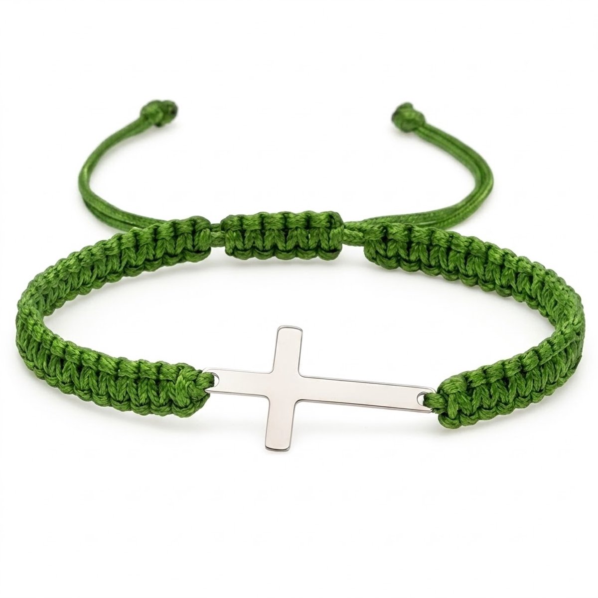 Verstelbare Armband Leger groen met Zilverkleurig Kruis – Minimalistisch & Spiritueel Design voor heren en dames