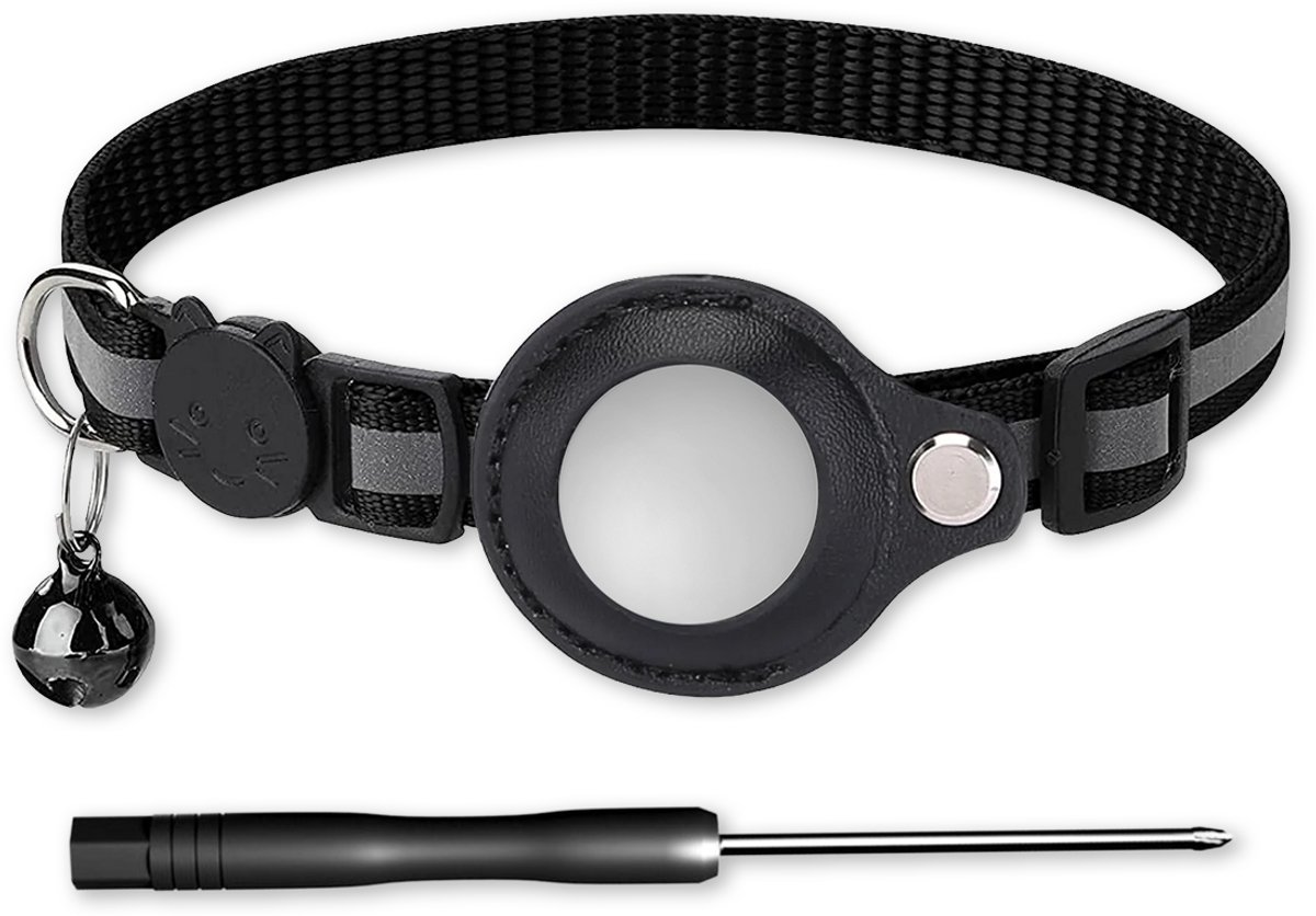 LUQ – Kattenhalsband Zwart met Airtag Houder – Reflecterend & Verstelbaar – Met Belletje – Premium Nylon