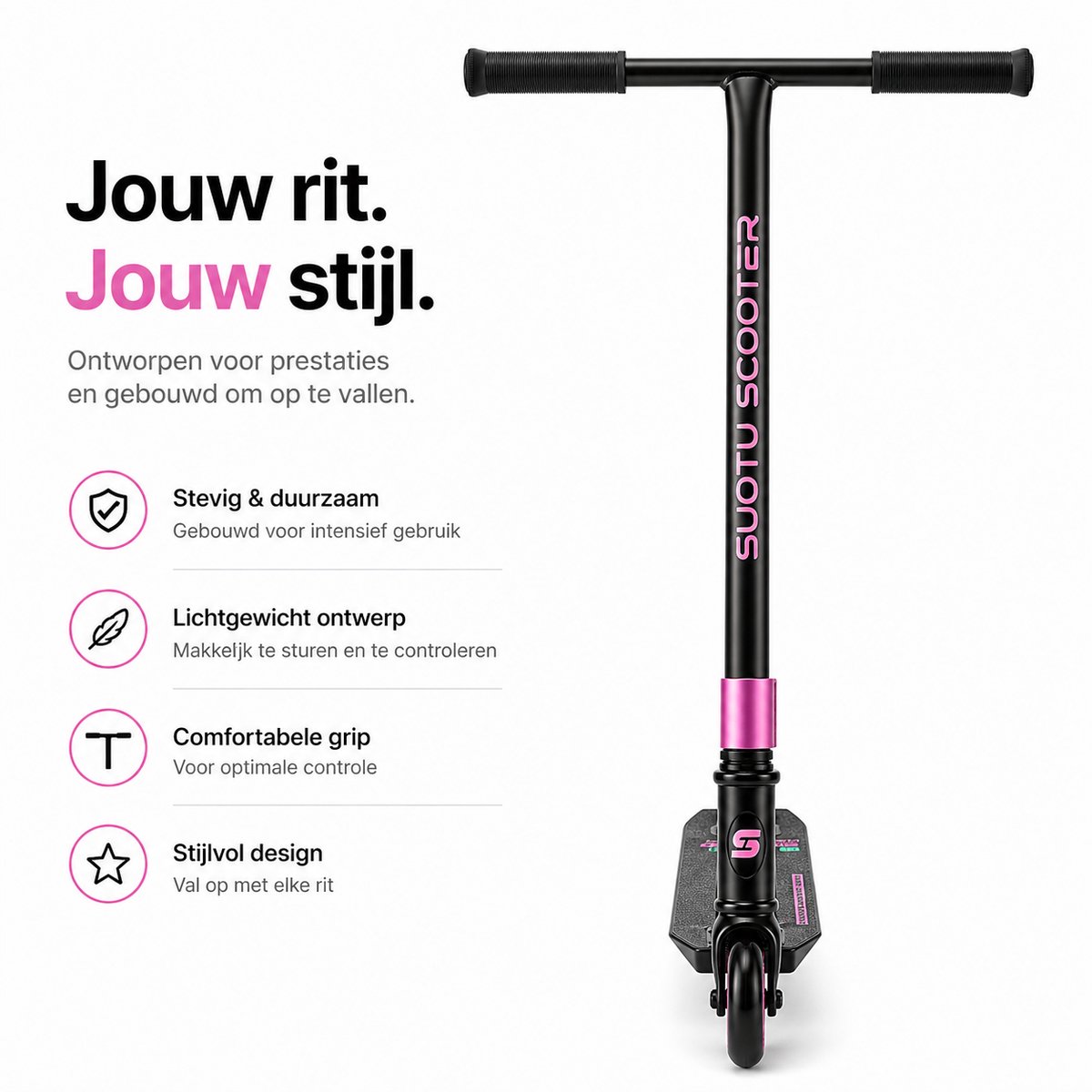 Suotu Stuntstep - Step - Kinderstep - Speelgoed Jongens/Meisjes - Maximale stuurhoogte: 78 cm - Aluminium - buitenspeelgoed - Zwart/Roze — afbeelding 8