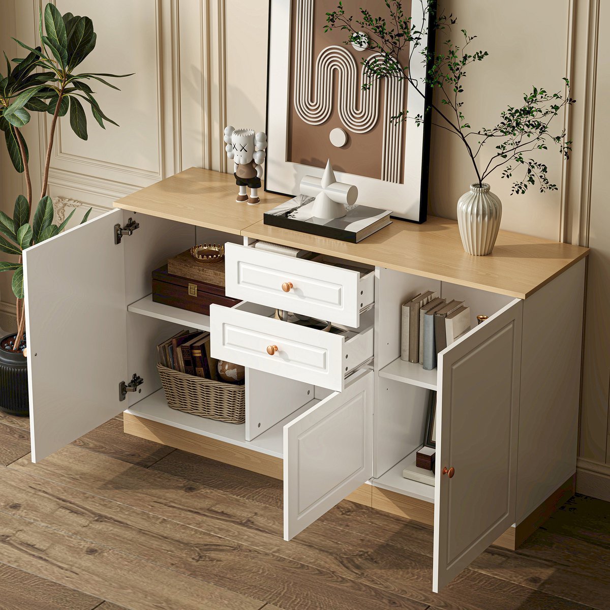 FloraGrace Dressoir - Drie Deuren En Twee Lades Met Verstelbare Plank - Voor Woonkamer En Eetkamer - Spaanplaat - 135,5x39x76 Cm - Wit En Houtkleur