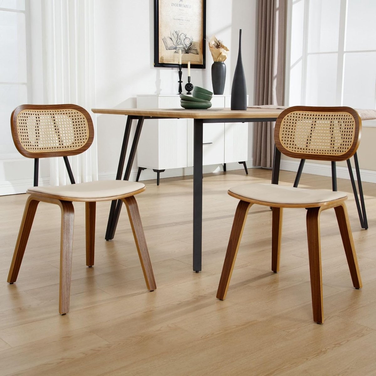 Rotan Eetkamerstoelen Set van 2 – 55x47x79 cm – Mid Century Design met Houten Poten & PU Z