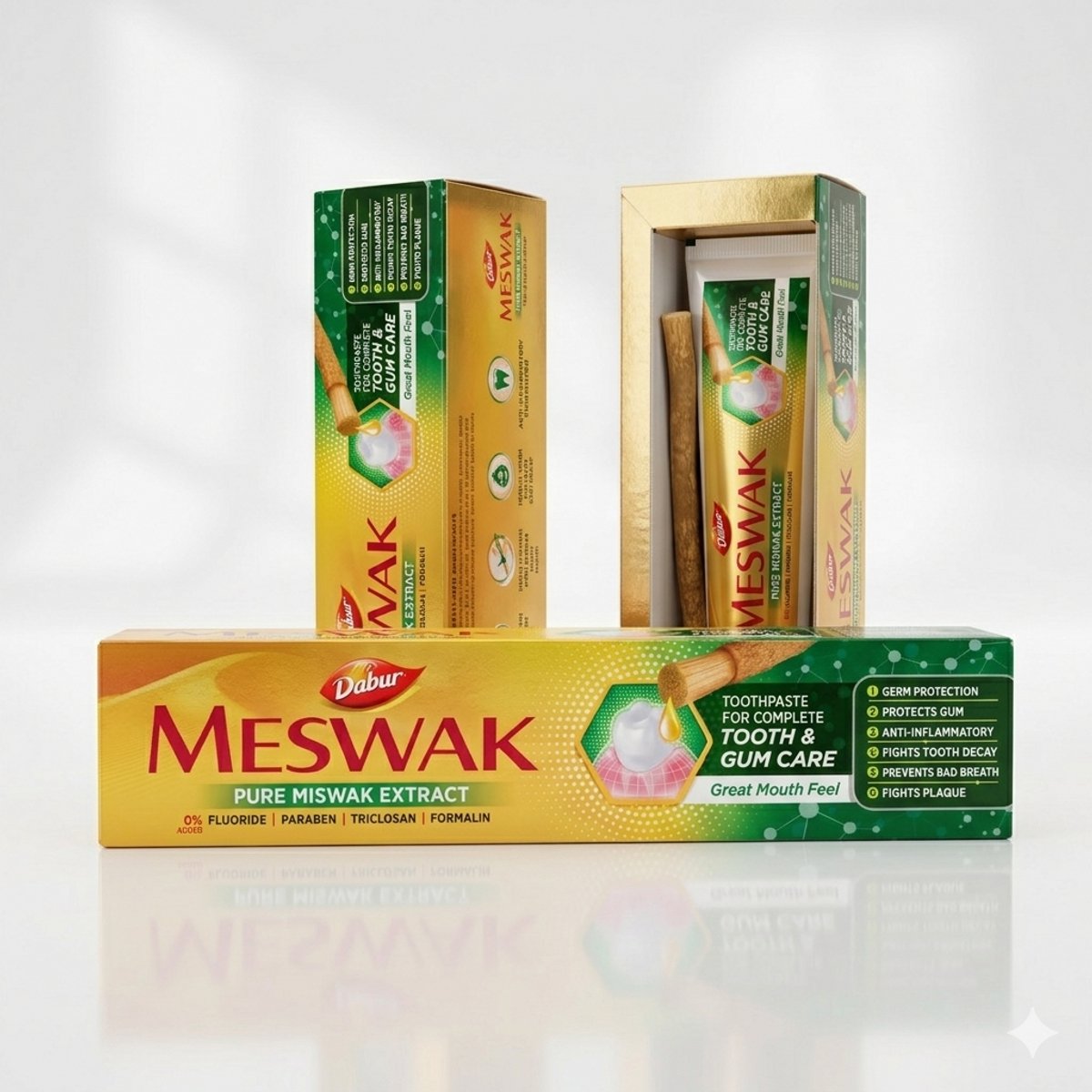 Dabur Meswak Tandpasta - 100g - Natuurlijke Kruidentandpasta met Puur Miswak Extract - Fluoridevrij & Ayurvedisch - Voor Sterk Tandvlees, Tegen Tandplak & Frisse Adem - Vegan - Voordeelverpakking Met Kajal Sticker
