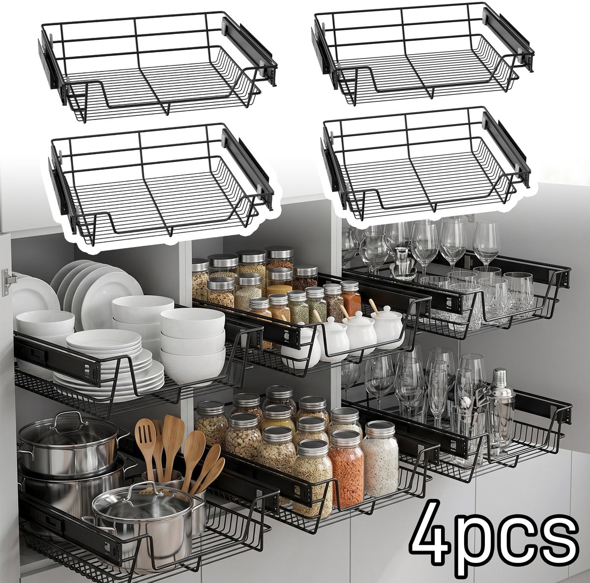 Froadp 4 stuks uittrekbare keukenladen, met rails, telescopische lade, ijzeren kastorganizer, schuine rand, zwart - breedte: 60 cm - voor kastbreedte 57 cm (binnen)/60 cm (buiten)