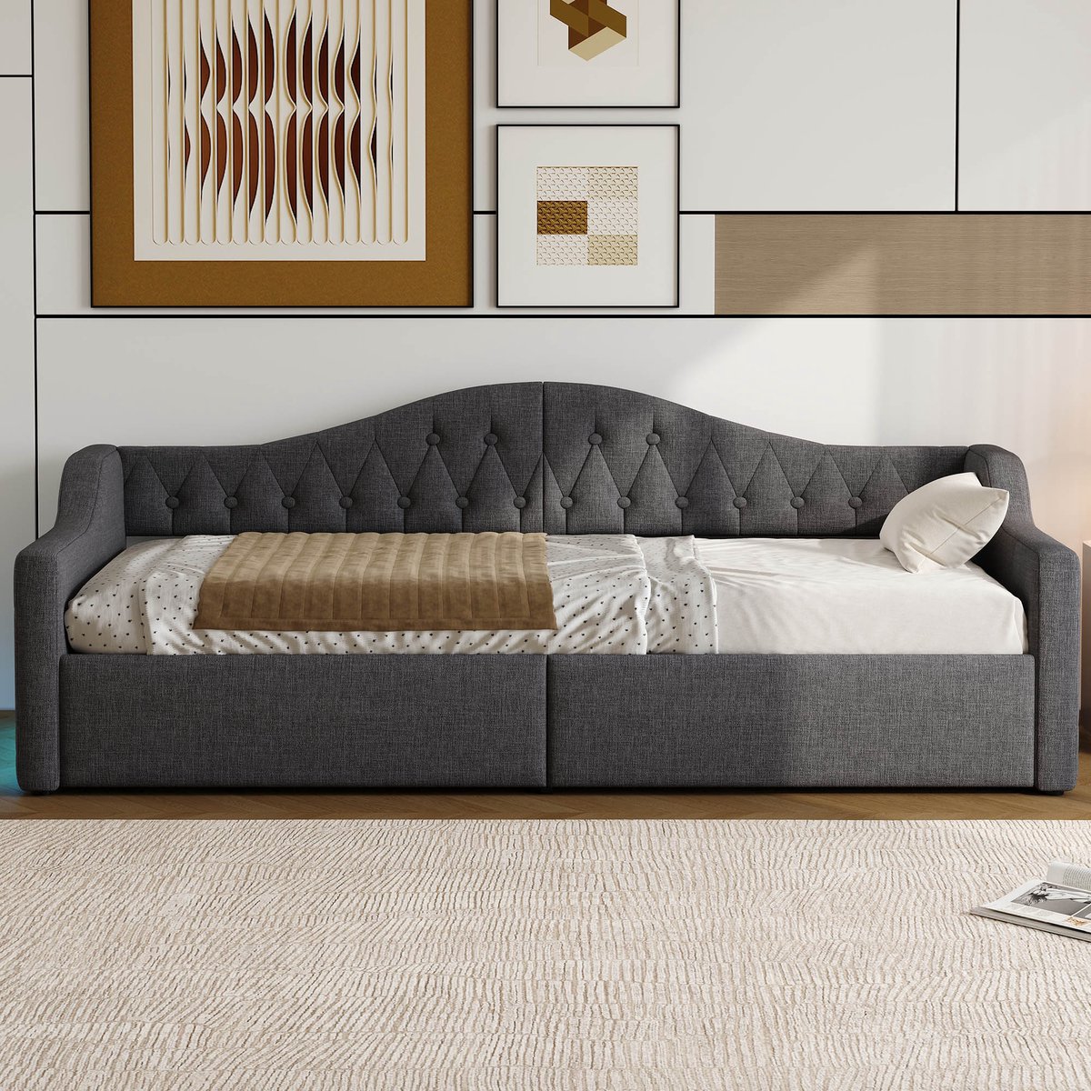 Zubaliya Daybed 90 x 200 met Opbergruimte en LED - Gestoffeerd Daybed / slaapbank - grijs - 200 kg draagkracht - lattenbodem - opbergruimte onder het bed