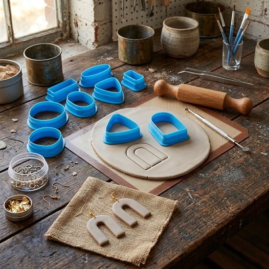 Blauwe uitsteek vormen set boetseerklei 18 delig kunststof klei snijders geometrische vormen voor boetseren en kleien