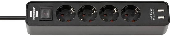 Brennenstuhl Ecolor stekkerdoos 4-voudig met 2 USB-aansluitingen (USB-A stekkerdoos met schakelaar en 1,5m kabel)