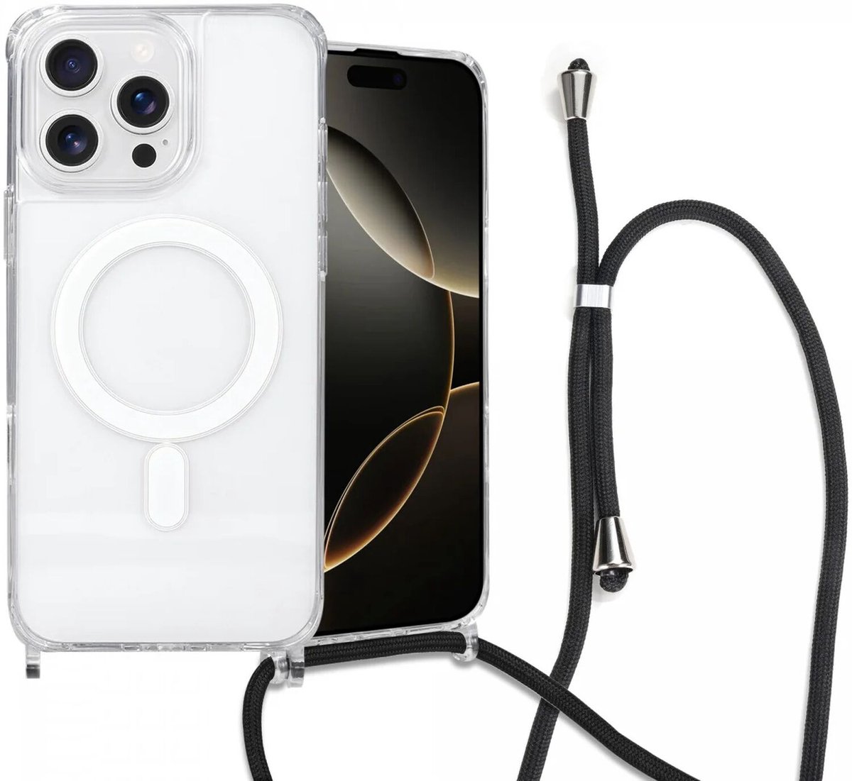 Hoesje met Koord Geschikt voor Apple iPhone 16 Pro Max - Compatibel met MagSafe - Schokbestendig Flexibel TPU - Back Cover met Ketting - Transparant