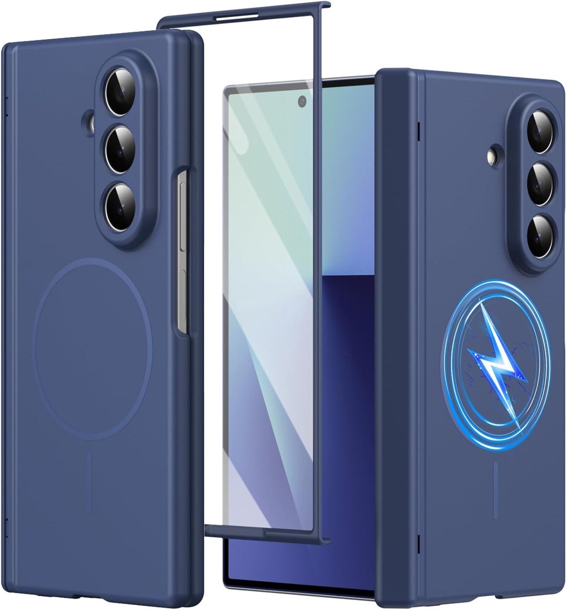 Volledige Bescherming Screen Protector en Hinge Protector voor Galaxy Z Fold 7 met Magnetische Silicone Case in Blauw