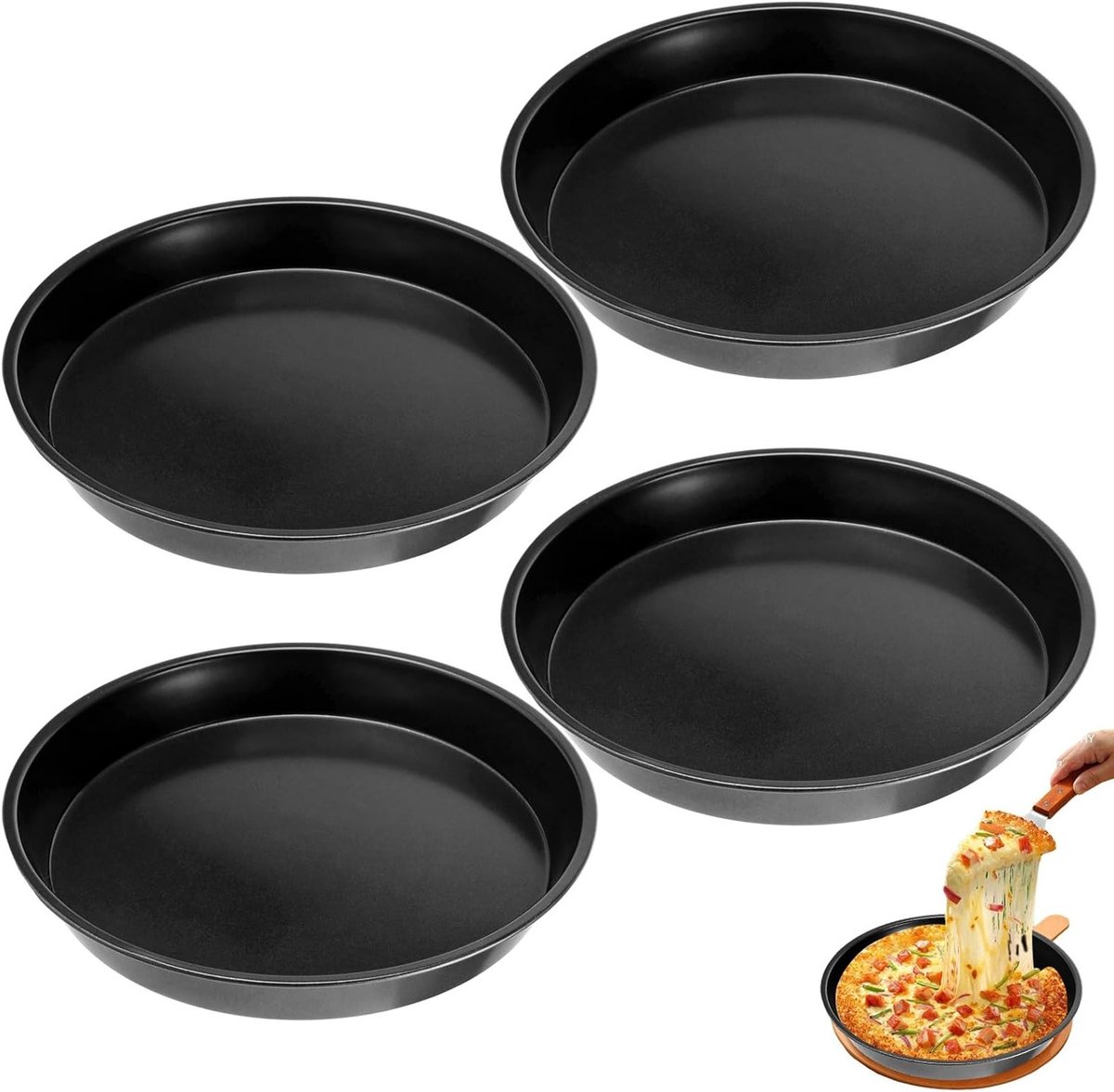 Set van 4 ronde bakplaten met anti-aanbaklaag 28 cm pizza bladeren van zwart koolstofstaal voor bakken en grillen
