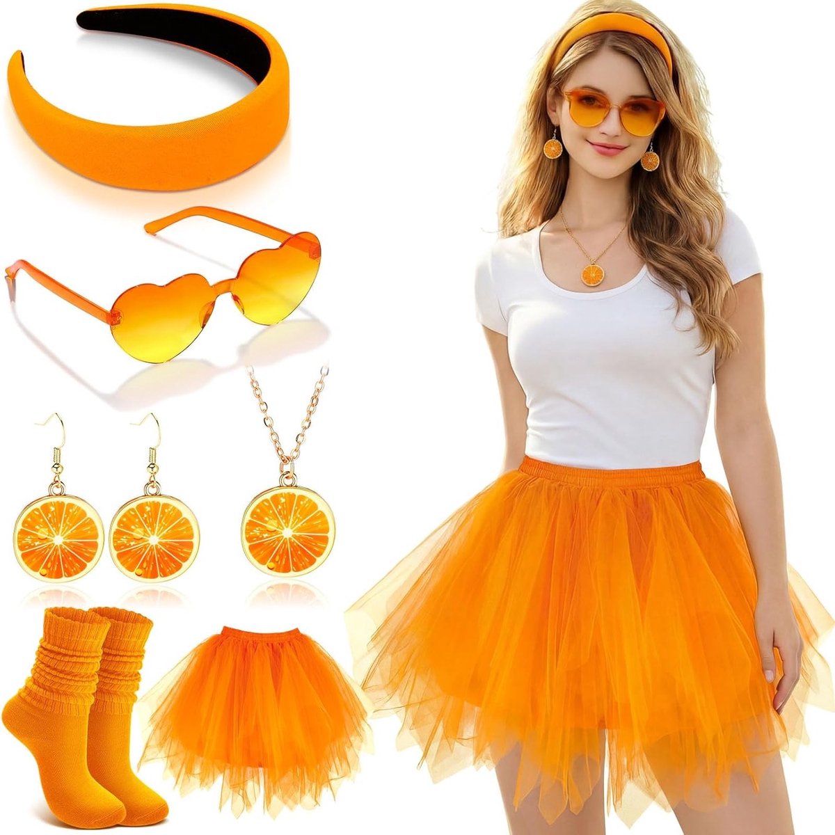 Set van 6 Apero Spritz Carnaval Kostuums en Accessoires voor Vrouwen met Oranje Tulle Rok, Brede Hoofdband, Oranje Kettingoorbellen, Hippie Zonnebril en Hartmotief Sokken voor Cosplay en Feestjes