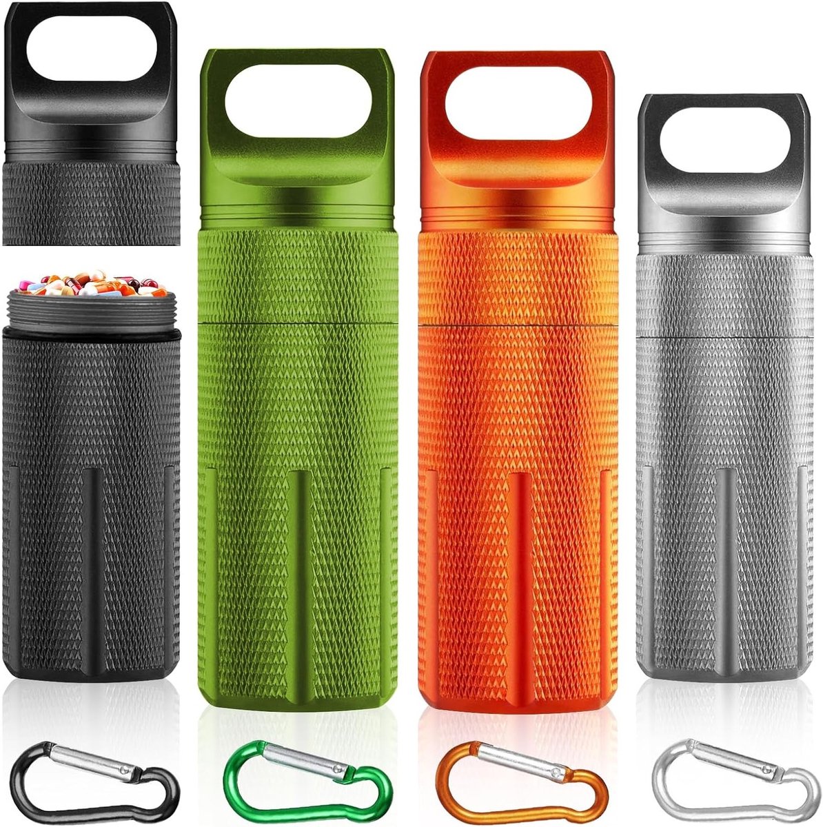 Mini-pillendoos 9,8 x 3 cm - Draagbare waterdichte container met karabijnhaken voor outdoor, kamperen en wandelen (4 kleuren)