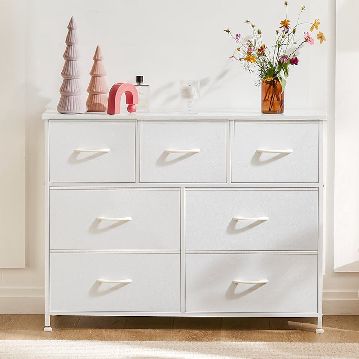 Ladekast - Opbergkast met 7 lades – Stoffen ladekast met metalen frame – 3 kleine + 4 grote lades – Vrijstaande kledingkast slaapkamer/hal – Wit – 100x30x77 cm