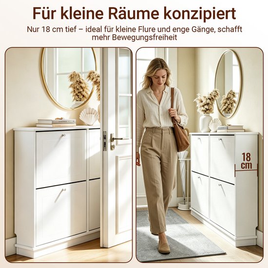 Man en vrouw in een hal met witte schoenenkast. Afmeting 18 cm diep.
