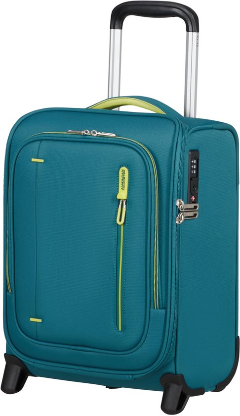 Petrolkleurige American Tourister koffer met TSA-slot en gele accenten.