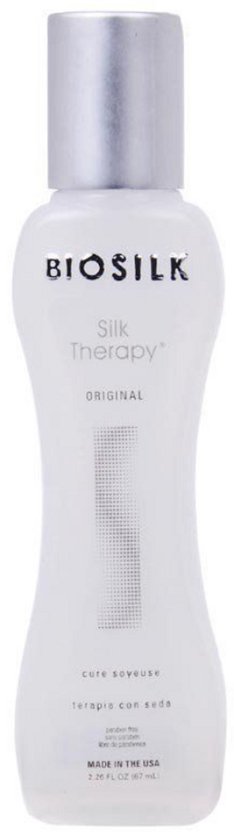 Witte BioSilk Silk Therapy Original fles met zilveren dop. Tekst op fles: Silk Therapy Original, cure soyeuse, terapia con seda. Gemaakt in de VS.