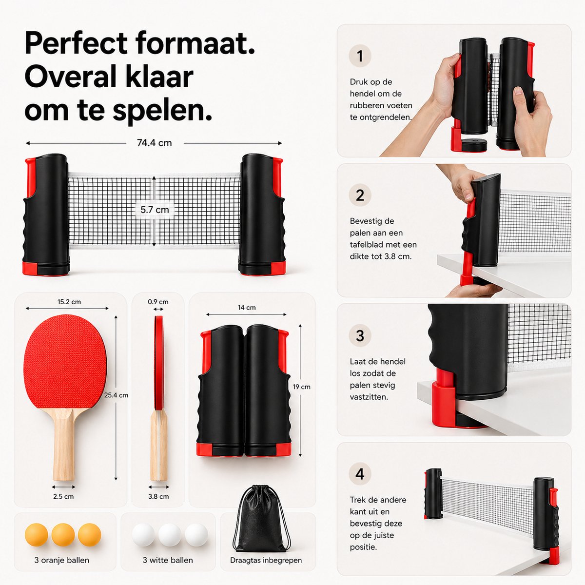 BOTC Tafeltennis Set - 2 Tafeltennisbatjes - 6 Pingpongballen - 1 Tafeltennisnet Uitschuifbaar - Zwart — afbeelding 6