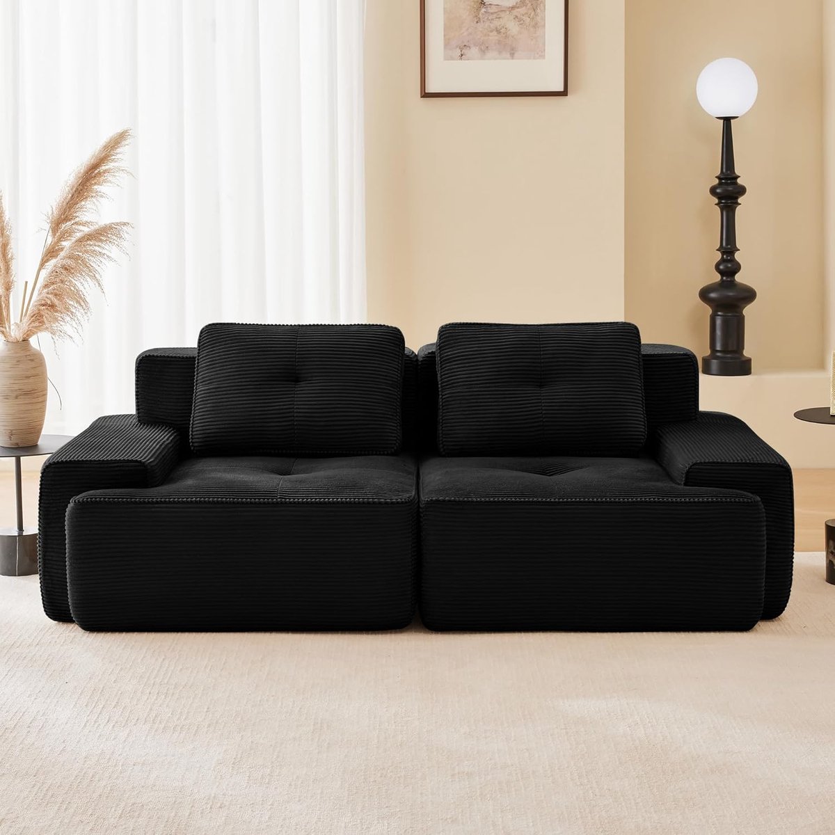 Boneless Modular Sofa, Modern Sofa for Living Room with 74cm Deep Seat, Corduroy Sofa, Cloud Upholstered Sofa, Sofas Combinable, for Living Room(Black, 2S)