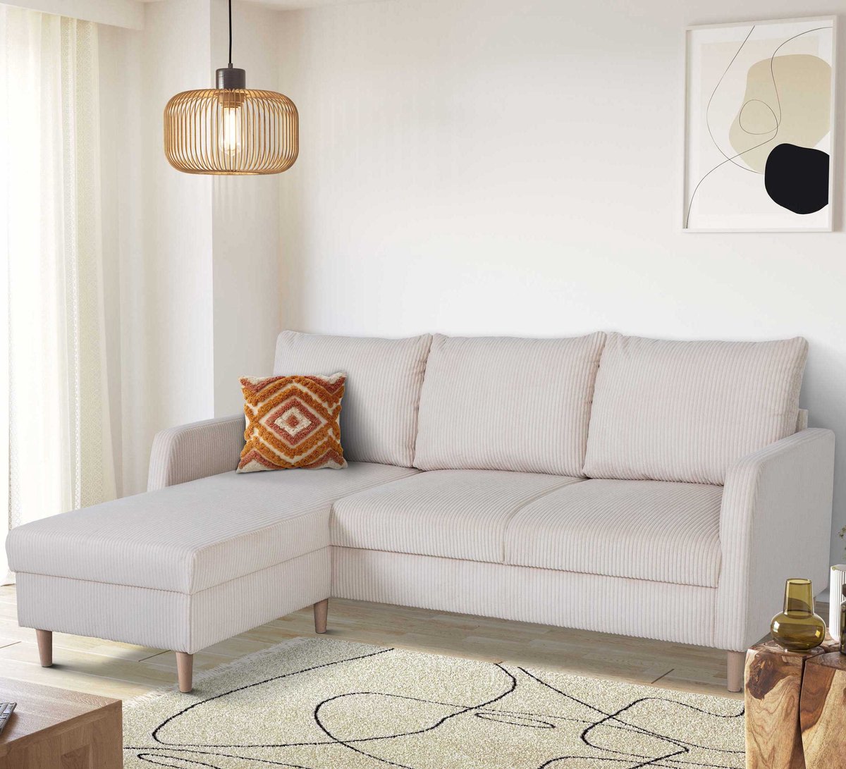 Hoekbank Chip Links - 192x137x82cm - Beige Ribfluweel