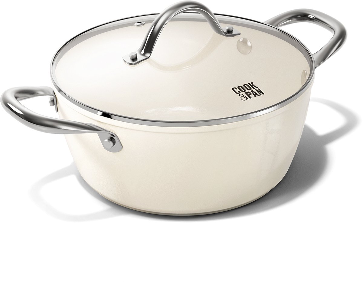 Cook & Pan - Kookpan met deksel 24 cm - PFAS vrij - Inductie Keramisch - Non stick - 7 jaar garantie - Crème
