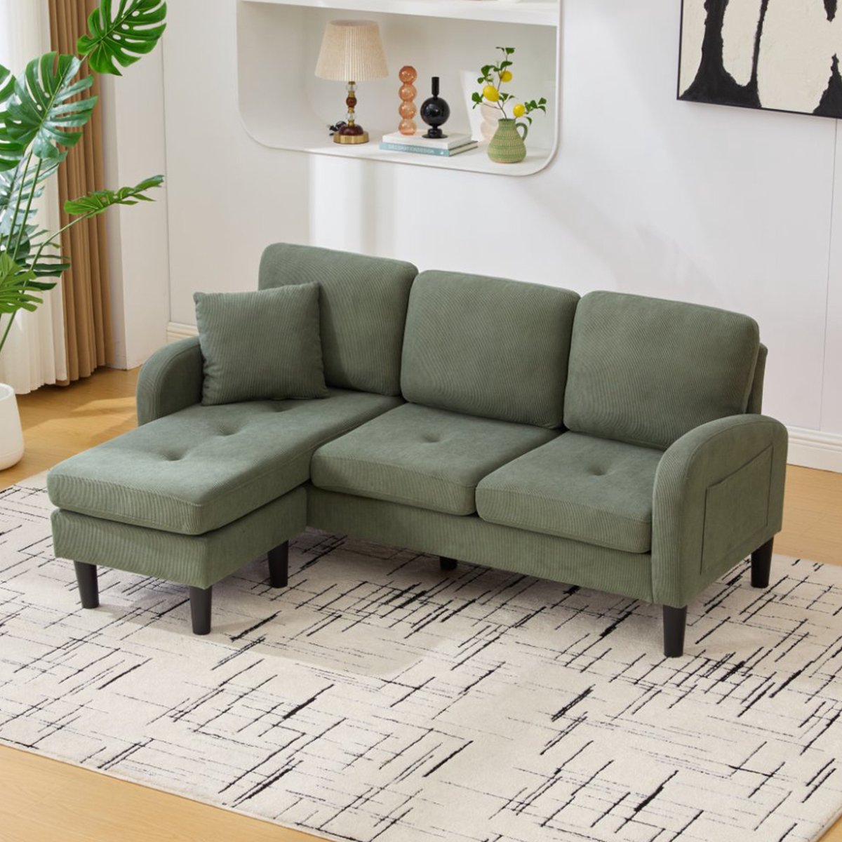 Wishdor Driezits Hoekbank Met Chaise Longue - Modulair L-Vorm Ontwerp En Zachte Vulling - Modern - Voor Woonkamer - Ribstof, Schuim En Kunststof Poten - Groen - 166 X 118 X 77 Cm