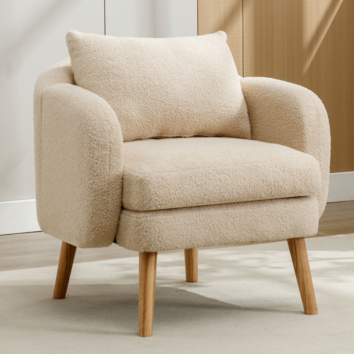 Wishdor - Fauteuil Voor Woongebruik - Dik Zitkussen En Rugkussen - Zachte Teddystof - Eenpersoons Zitplaats - Frame Van Verwerkt Hout - Beige - 71 X 72 X 71 Cm