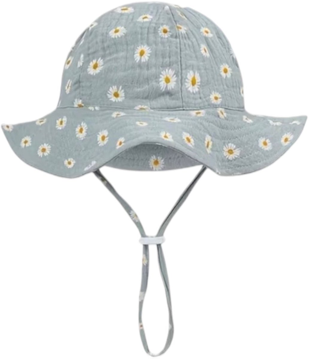 Zomerhoed baby - dreumes - meisje - jongen - zonnehoed - zomer - hydrofiele stof - katoen - blauw/groen met bloemen