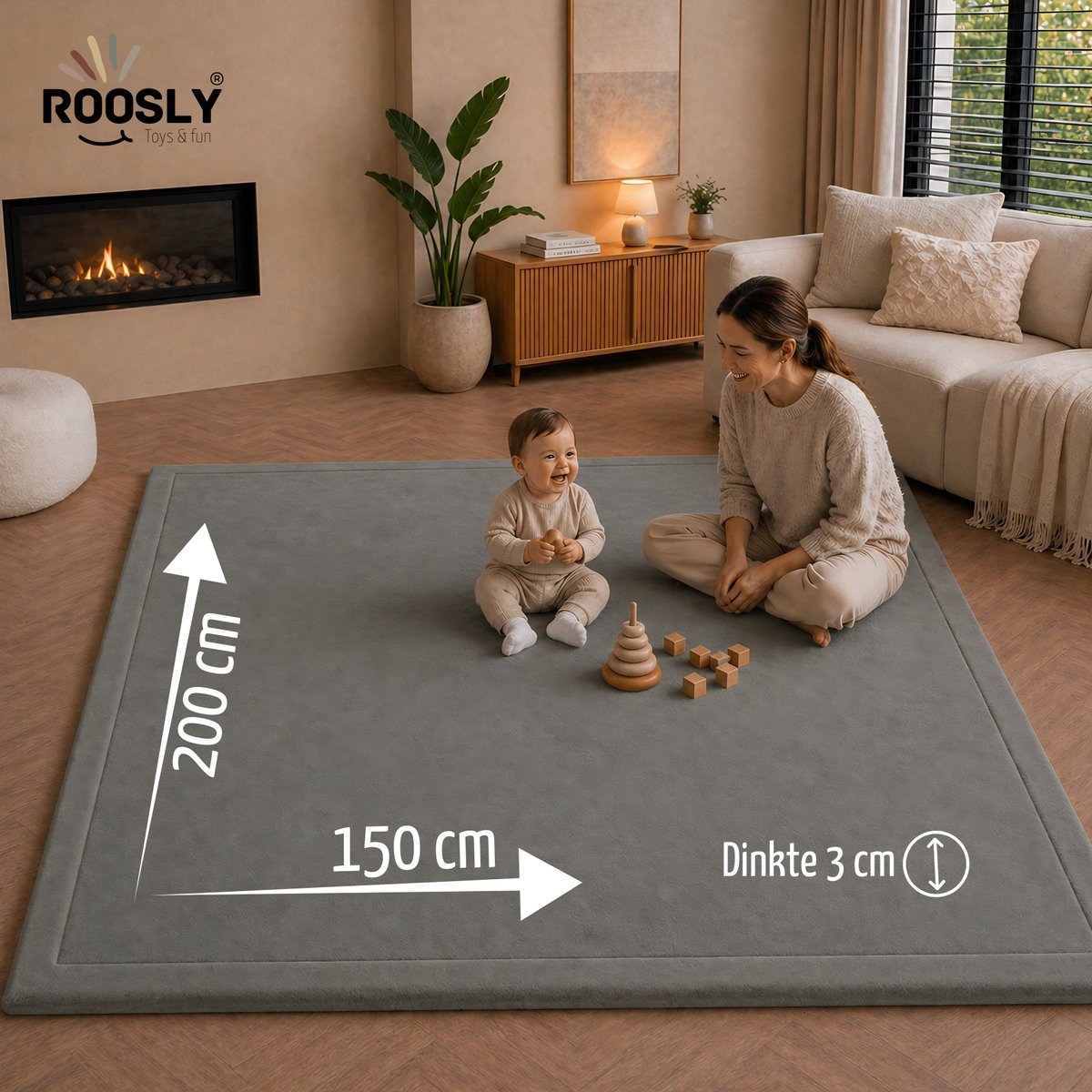 Roosly Speelmat Baby 150x200cm - Fluwelen Speelkleed met 3cm Traagschuim thumbnail 2