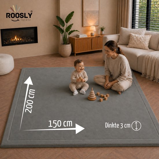 Roosly Speelmat Baby - Fluwelen Speelkleed baby - speeltapijt - kruipmat - playmat - Extra Dik Traagschuim 3 cm - Antislip - Zacht & Veilig - 150 x 200 cm - Stone Grey van Merkloos — afbeelding 2