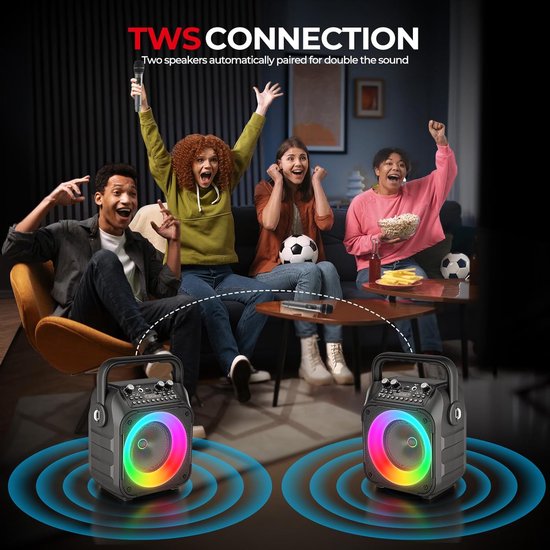 Karaoke Machine met 2 microfoons, draagbare karaokemachine voor volwassenen en kinderen, Bluetooth-luidspreker met PA-systeem, ondersteunt TWS/FM/AUX/USB/TF/REC voor feestjes, verjaardagen en thuisgebruik (zwart) — afbeelding 3