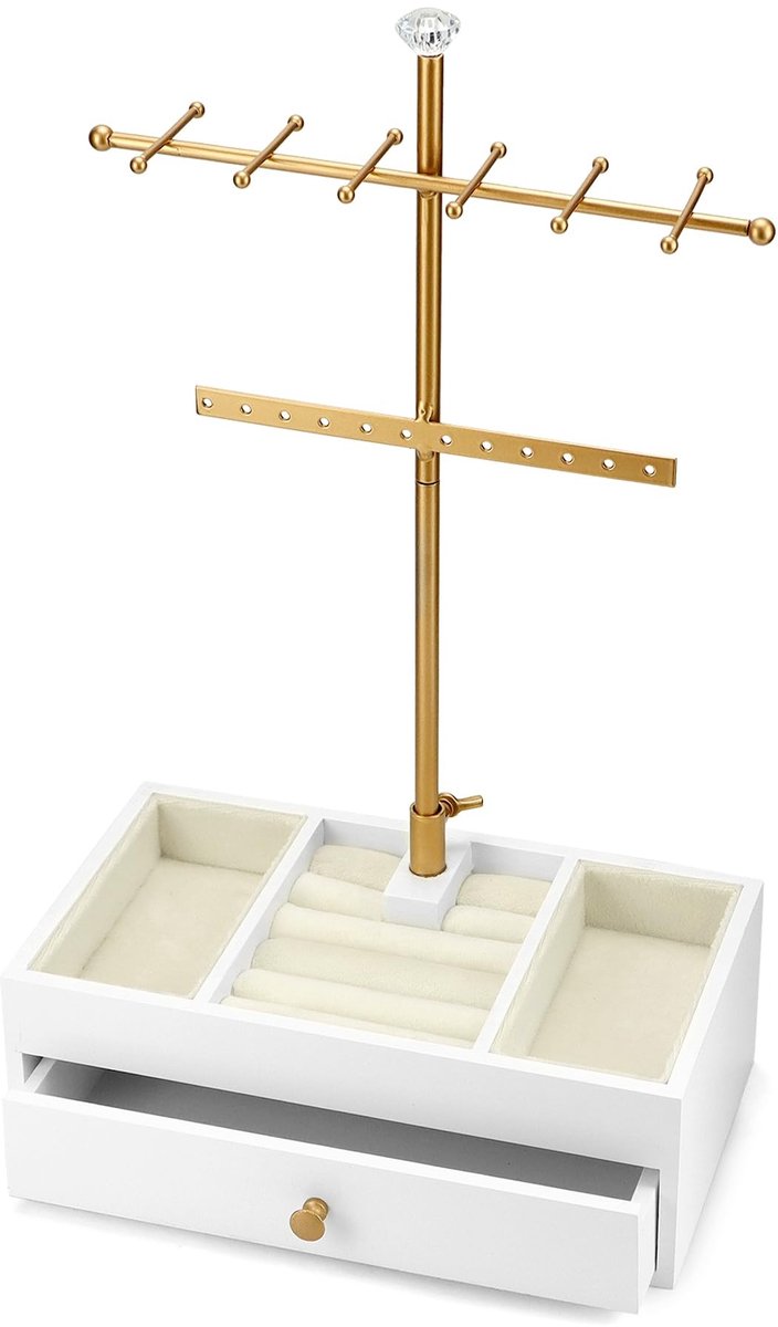 Allecto - White Jewelry Organiser - Sieradenhouder - Met lade voor kettingen en oorbellen - Wit - Sieradenopslag - Voor thuisgebruik - 23x12.5x38cm