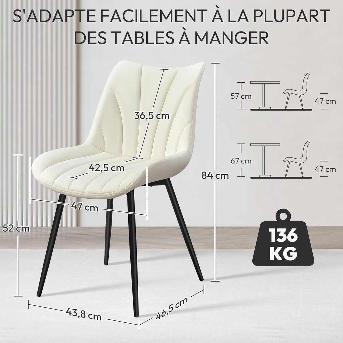 Eetkamerstoelen Set van 4 47x58x84 cm – Fluwelen Gestoffeerde Stoelen met Metalen Poten, Ergonomisch & Comfortabel, Moderne Design Stoelen – Beige – HomebyNicole