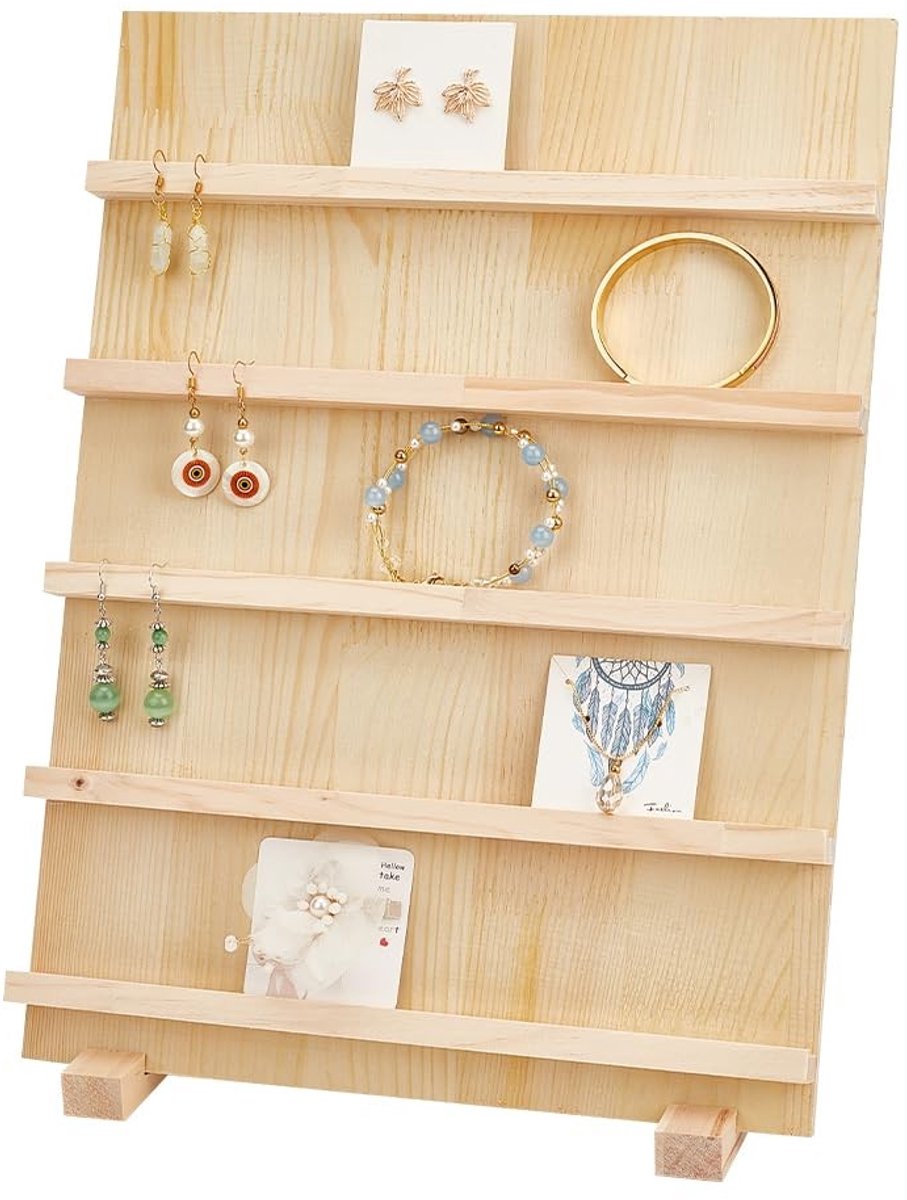 Allecto - Houten oorbel kaarthouder - 5-laagse display stand - Beige - Sieraden standaard - Draagbare vitrines voor oorbellen - Geschikt voor dames