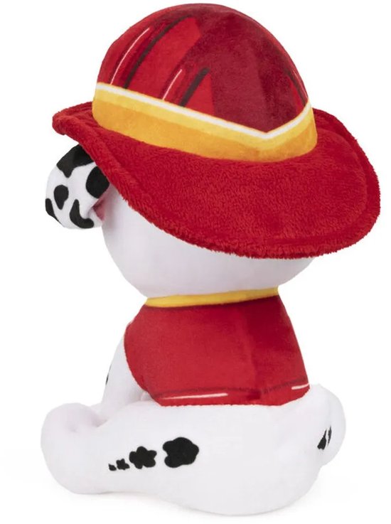 Zijaanzicht van zittende zachte Marshall van Paw Patrol, met rode helm en reddingsvest.