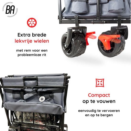 Best Active Bolderkar - Opvouwbare Handkar met Dak - 115 x 63 x 110 cm - Transportkar - 80 kg Draagvermogen - Verstelbare duw- en trekhandgreep - Inclusief Transparante Regenhoes met Ritssluitingen - Afneembaar Dak - Zwart/Grijs van Merkloos — afbeelding 3