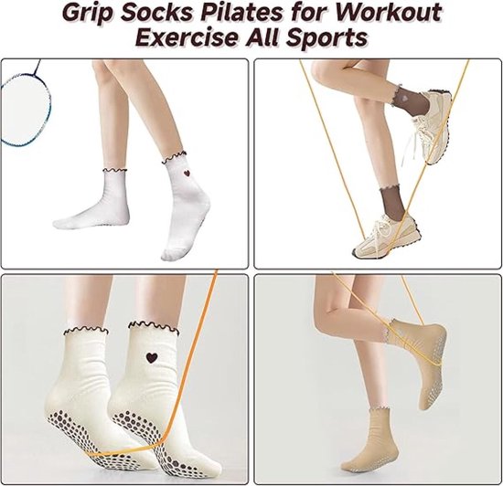 6 Paar - Dames Ruche Antislip Yoga Gripsokken - Antislip sokken - Zachte Ademende Sokken - Met Hartjes Borduurwerk - Katoen - Voor Binnen Gebruik, Pilates, Ballet & Fitness - 6 Warme Kleuren van Merkloos — afbeelding 5