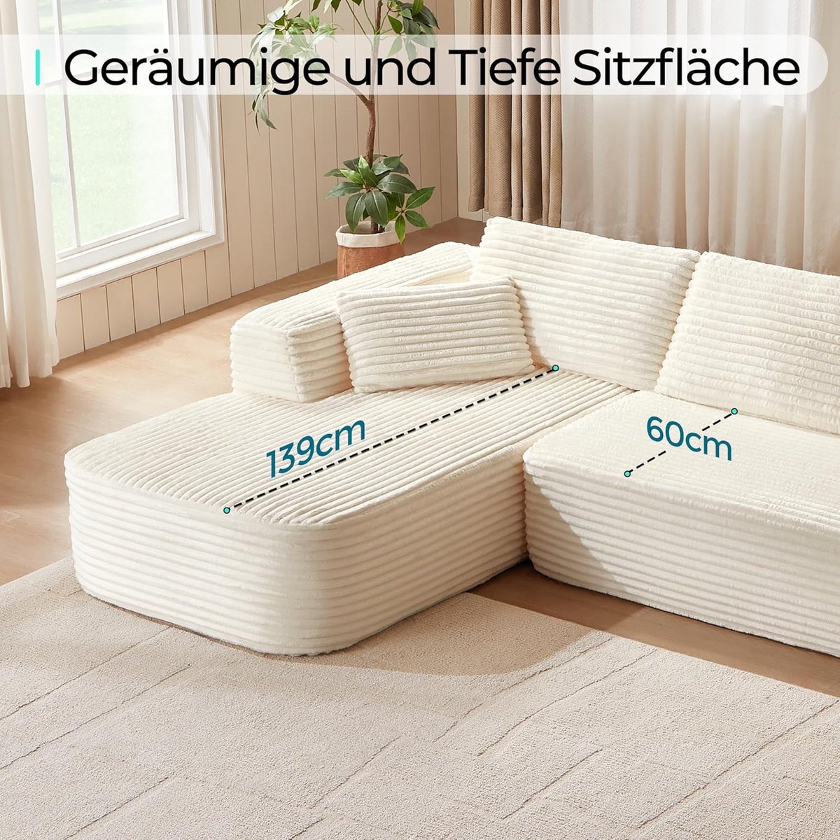 Hoekbank met Slaapfunctie 270x176x57 cm – Modulaire L-vormige 3-Zits Slaapbank van Corduroy met Chaise Longue, Geen Montage, Beige – HomebyNicole