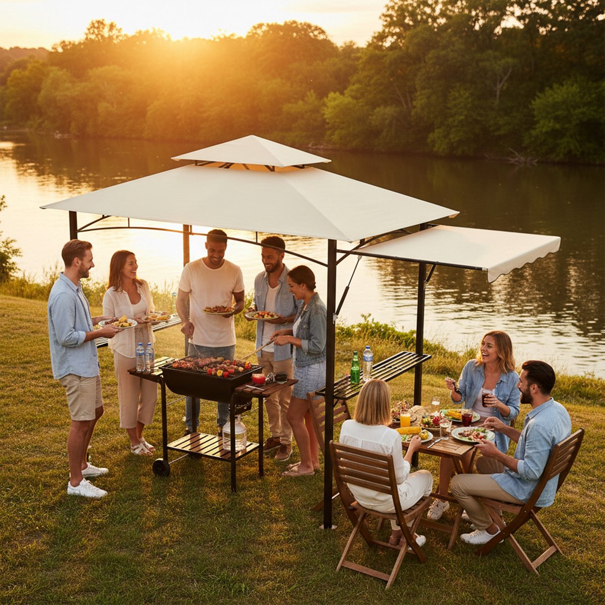 Froadp Barbecuepaviljoen met zijluifel Beige barbecuepaviljoen met dubbel dak 245 x 141 cm voor in de tuin