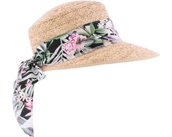 Casquette/chapeau en paille naturelle raphia pour femme très légère et souple avec foulard imprimé tropical noir