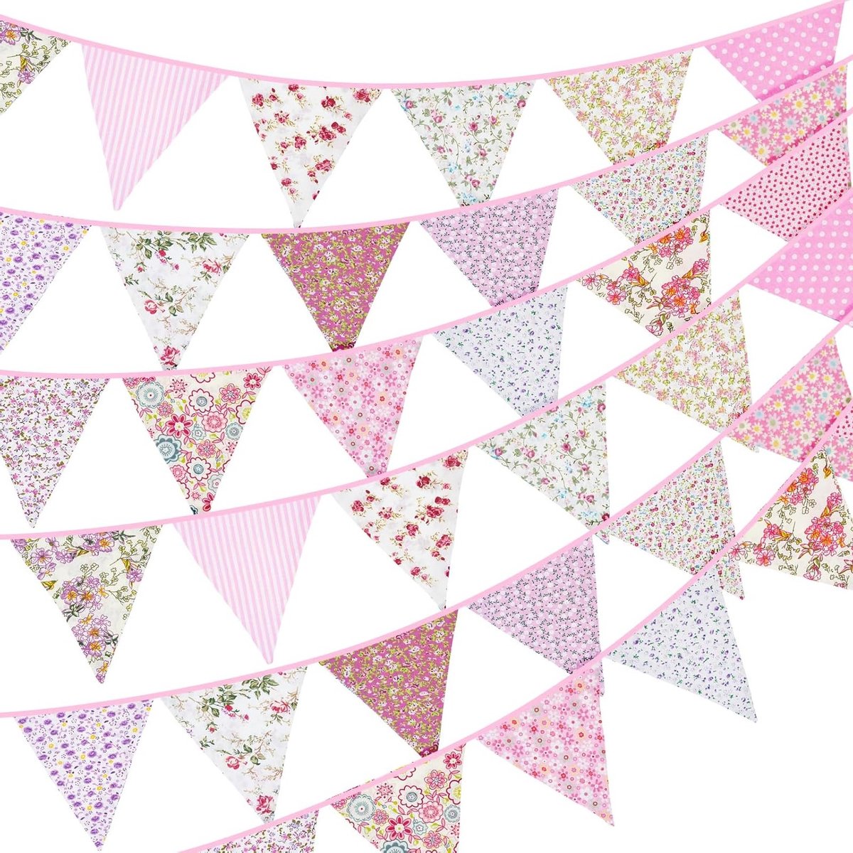 36 Stuks Dubbelzijdige Stoffen Bunting, 10m Roze Bloemenbanner, Herbruikbare Vlaggenlijn voor Feestdecoratie Binnen en Buiten