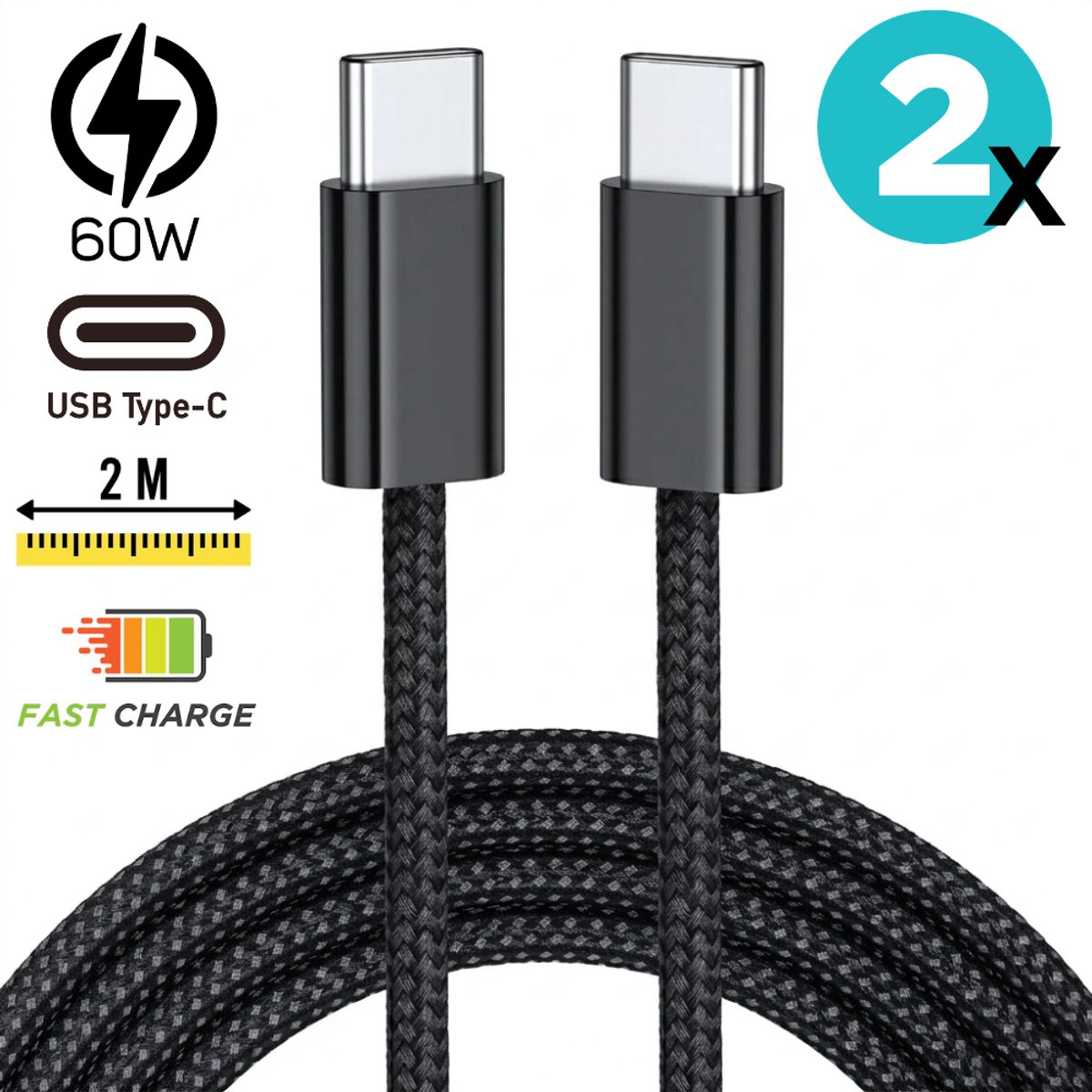 USB C naar USB C kabel - Set van 2 - 60W - 2 Meter Oplaadkabel - Snellader - Gevlochten Nylon