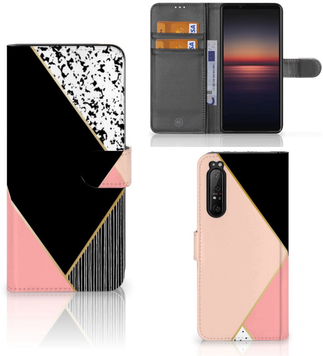 Sony Xperia 1 II Book Case Zwart Roze Vormen