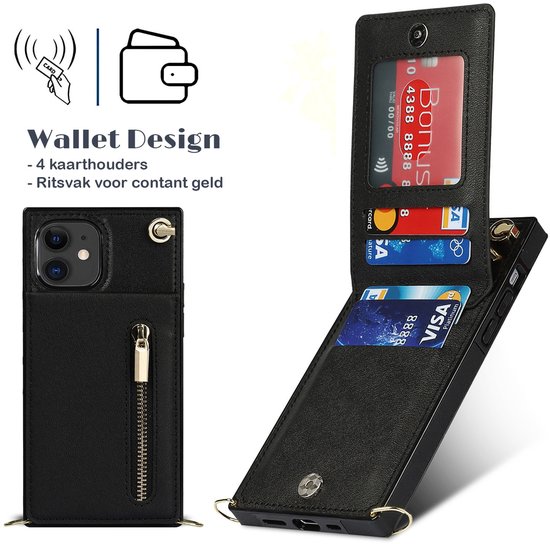 Zwart telefoonhoesje met open portemonnee, met creditcards en ritssluiting.