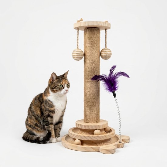 Houten Krabpaal 4-in-1 Interactief Speelbord, Sisal, Hangende Sisalballen en Verenspeeltje - Massief Hout Krabpaal voor Katten - 45 cm