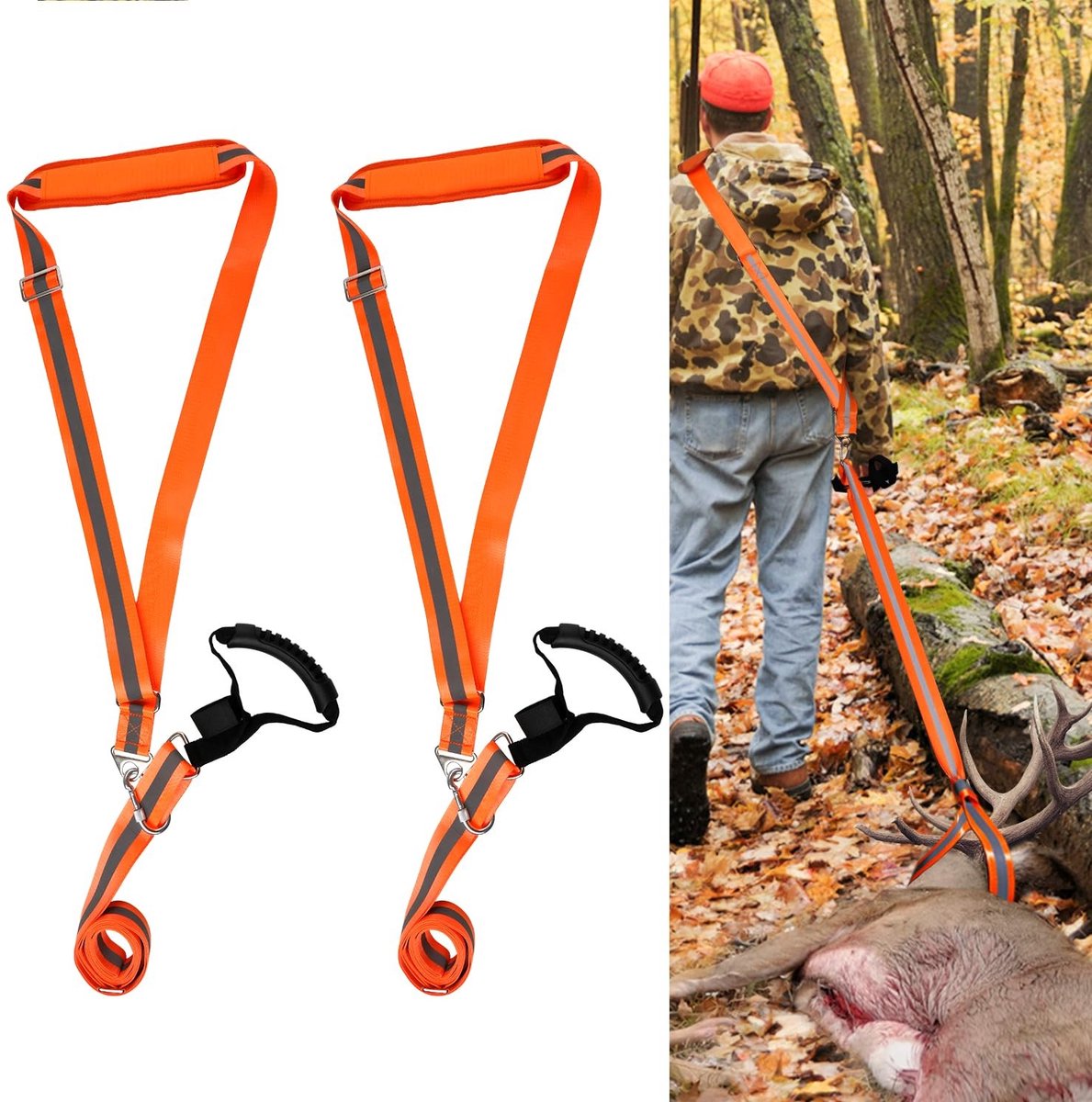 Cosensi - Deer Drag - Jachtaccessoires - Reflecterende sledeharnas - Verstelbaar - Sterke draagriem - Voor jagers - Reflecterend oranje