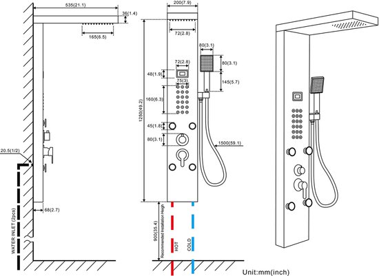 Technische tekening van een roestvrijstalen douchepaneel met afmetingen.