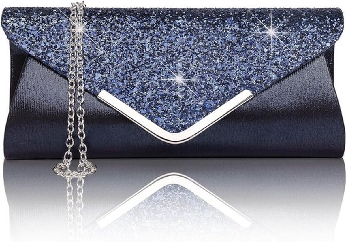 Avondtassen voor dames, glinsterende glitter avondtas, modieuze portemonnee, elegante bruidstas met ketting en schoudertas voor bruiloft, feest of gala, Donkerblauw