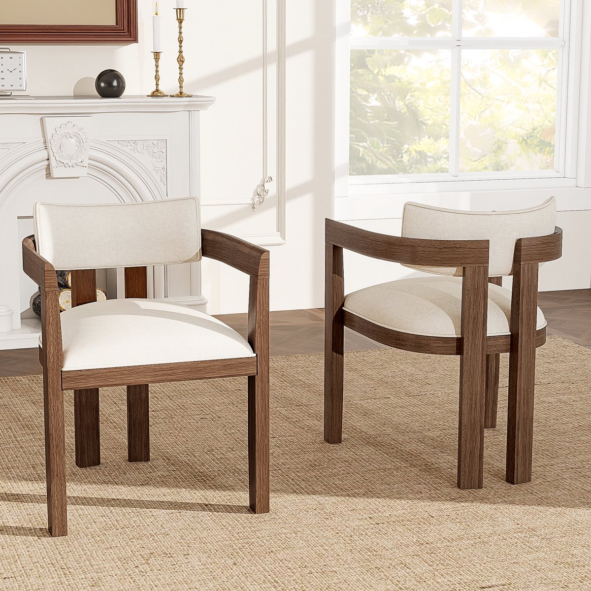 Wishdor - Set Van 2 Eetkamerstoelen - Met Armleuningen En Ademend Zitcomfort - Duurzame Constructie En Klassieke Lijnen - Modern Ontwerp - Voor Eetkamer - Houten Frame Met Linnen Bekleding - Walnootkleur