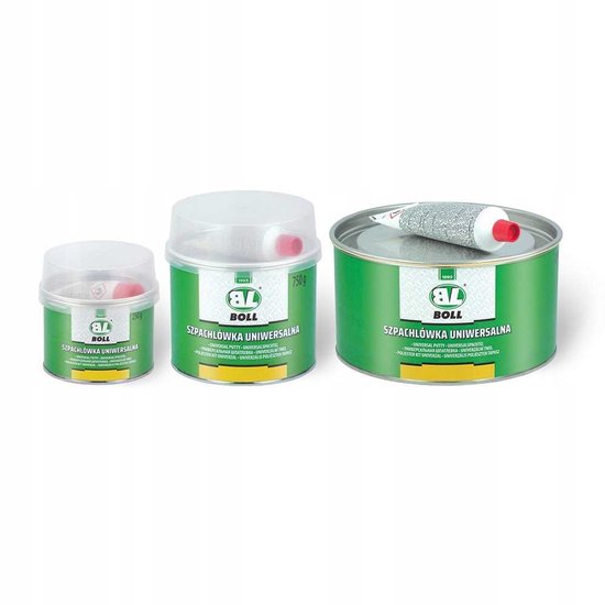 Drie blikken universele plamuur van Boll: 250g, 750g en 750g. Groene etiketten met witte tekst.