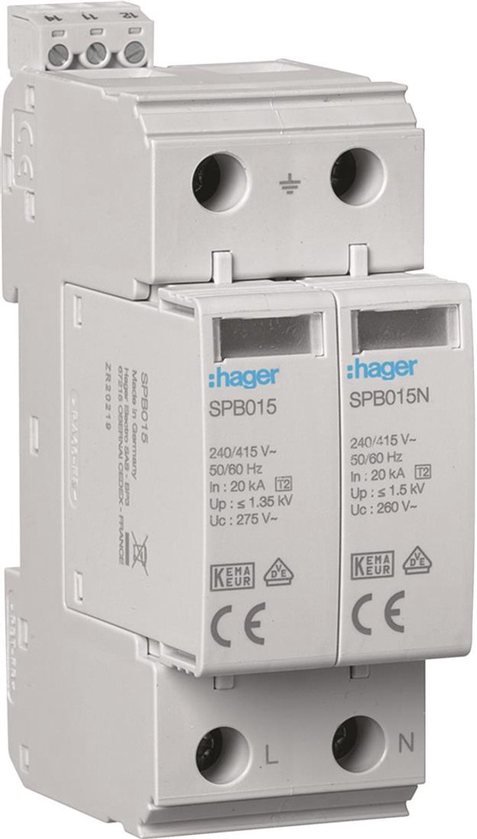 Hager overspanningsbeveiliging type 2 1P+N (TN-S, TT) 40kA met meldcontact DIN-rail (SPB215)