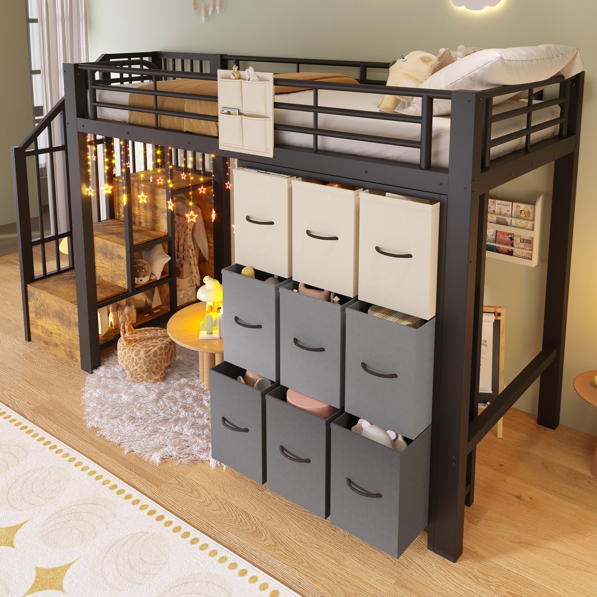 Merax Hoogslaper 90x200 cm - met laden - kledingstang - leuning - trap met opbergruimte - zonder matras - zwart